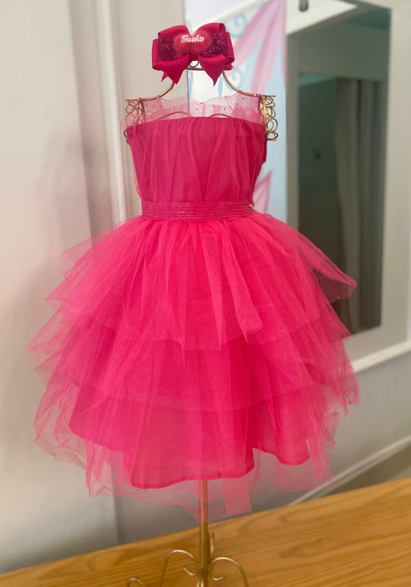 VESTIDO FESTA MANGA CURTA COM SOBREPOSIÇÃO EM TULE E CINTO LAÇO MENINA BAMBOLLINA