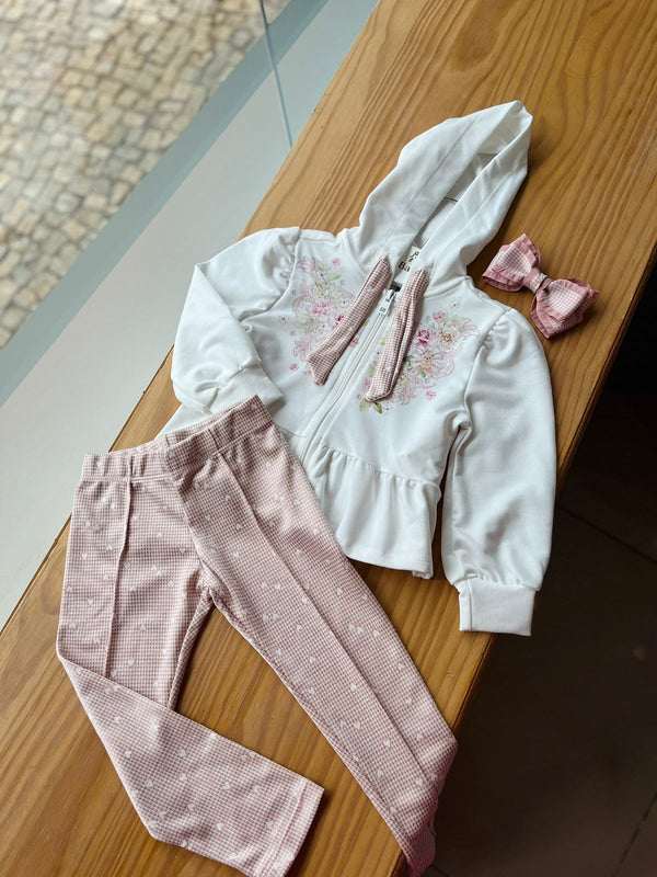 CONJUNTO JAQUETA MANGA LONGA CAPUZ FLORES STRASS E URSOS COM CALÇA LEGGING CORAÇÕES INFANTI MENINA