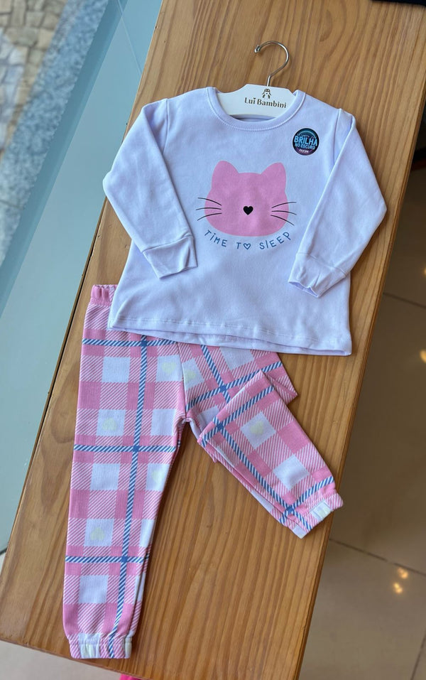 CONJUNTO PIJAMA MANGA LONGA GATINHO TIME TO SLEEP E CALÇA XADREZ QUADRICULADA MENINA FAKINI