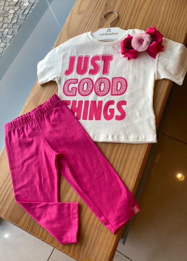 CONJUNTO BLUSA MANGA CURTA JUST GOOD THINGS STRASS E CALÇA LEGGING LISA MENINA MOMI