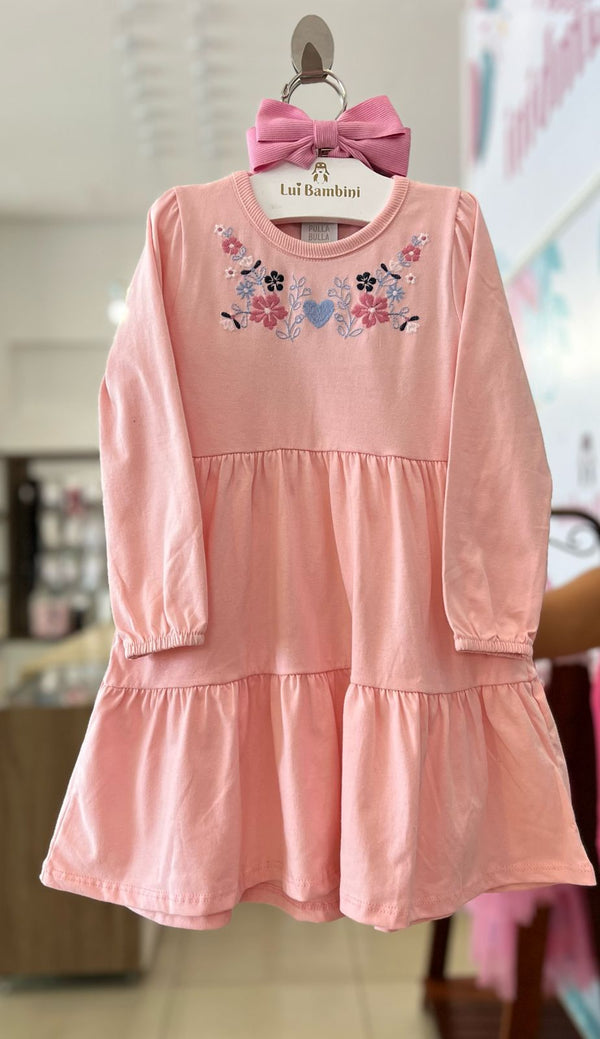 VESTIDO MANGA LONGA EM MALHA COM FLORES E CORAÇÃO BORDADO MENINA PULLA BULLA