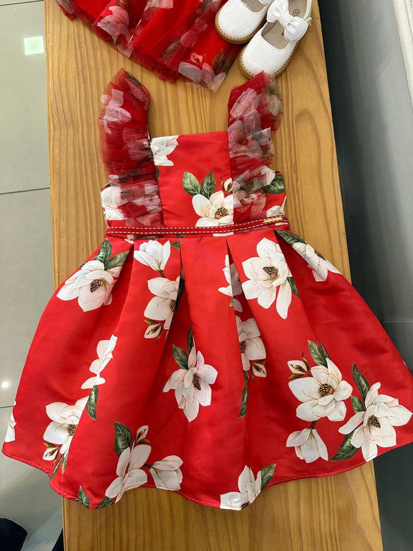 VESTIDO MANGA CURTA COM TULE PLISSADO E CINTO FLORAL MENINA BAMBOLLINA