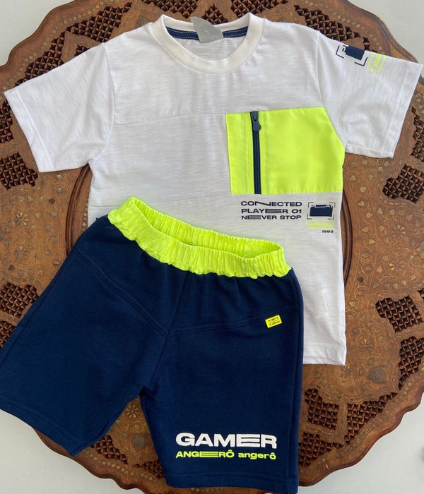 CONJUNTO CAMISETA MANGA CURTA BOLSO ZIPER E BERMUDA GAMER MENINO ANGERO