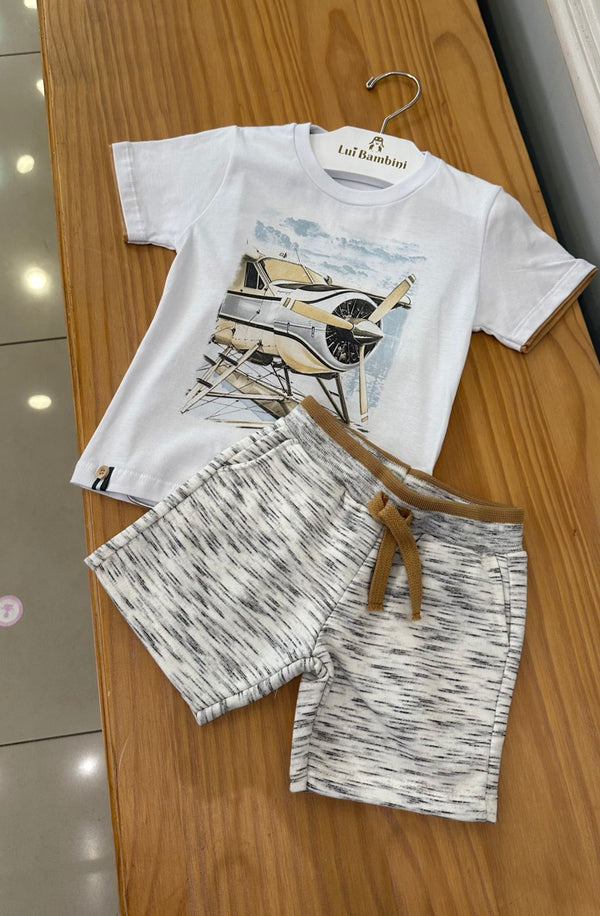 CONJUNTO CAMISETA MANGA CURTA AEROPLANO E BERMUDA BOLSO MOLETOM MENINO MILON