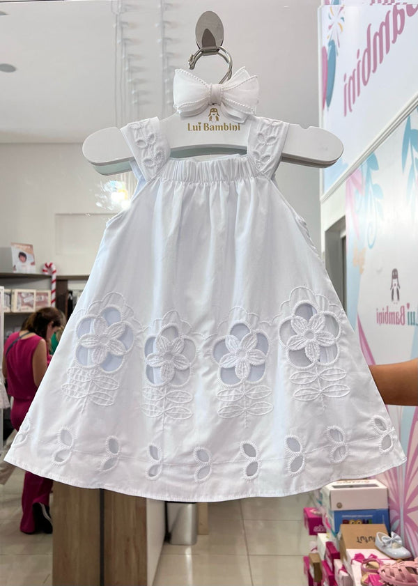 VESTIDO BATIZADO COM ALÇA E FLORES BORDADAS VAZADAS MENINA MILON