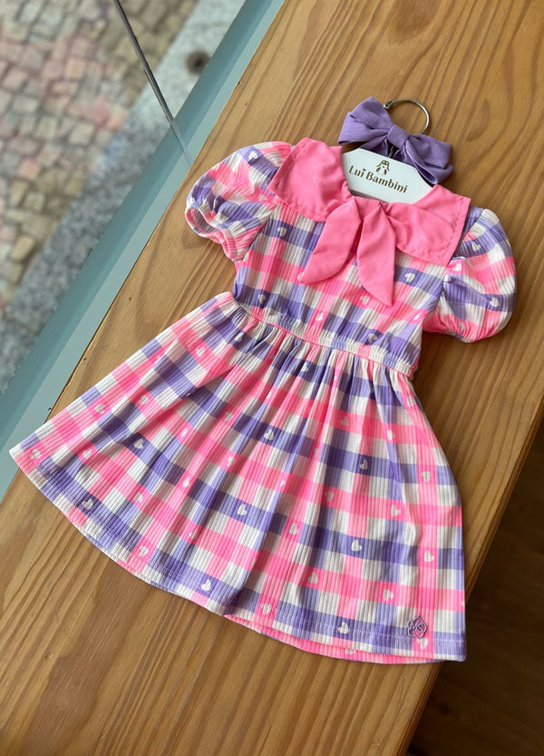 VESTIDO MANGA CURTA QUADRICULADO COM CORAÇÕES E LAÇO MENINA MON SUCRÉ