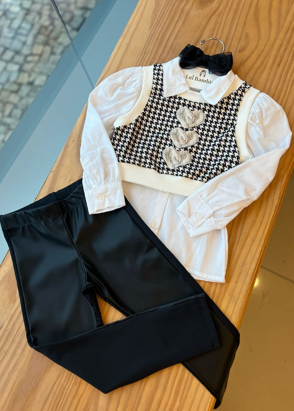 CONJUNTO CAMISA MANGA LONGA COLETE PIED DE POULE E CALÇA CIRRÊ CORAÇÃO STRASS MENINA INFANTI