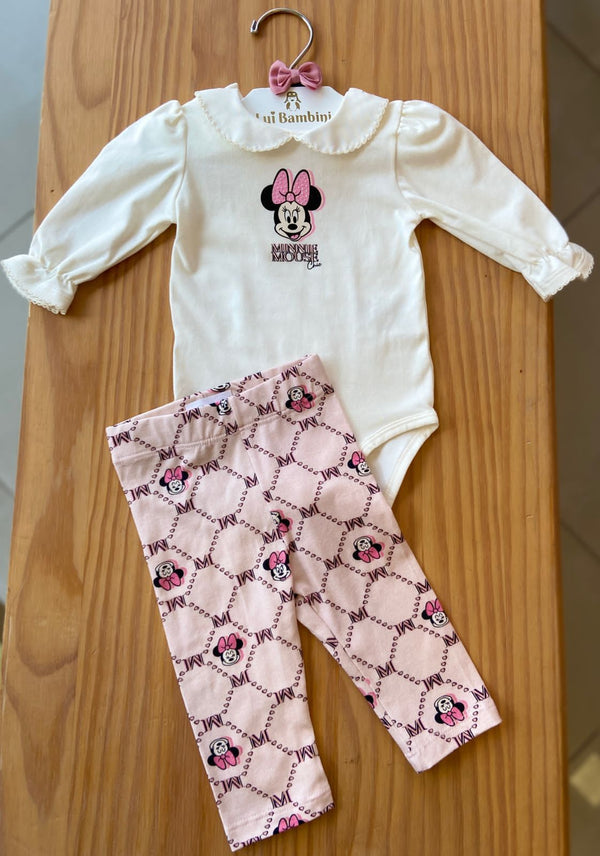 CONJUNTO BODY MANGA LONGA BORDADO GOLA E PUNHOS COM CALÇA MINNIE MENINA ANIMÊ