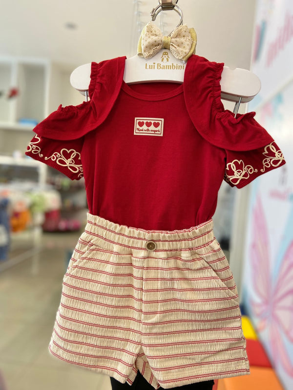 CONJUNTO BLUSA MANGA CURTA BABADOS TRÊS CORAÇÕES COM SHORT LISTRADO MENINA ANGERO