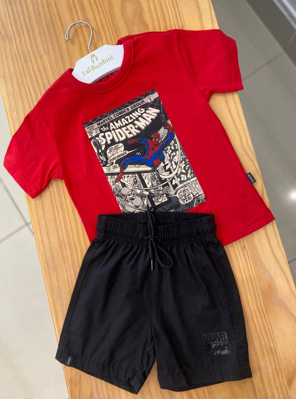 CONJUNTO CAMISETA MANGA CURTA E BERMUDA HOMEM ARANHA QUADRINHO MENINO YOUCCIE