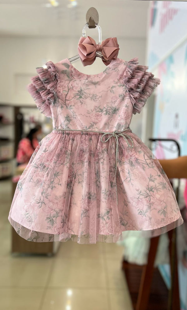 VESTIDO MANGA CURTA BABADO COM TULE FLORAL E CINTO STRASS MENINA PETIT CHERIE