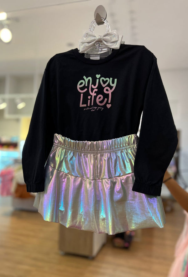 CONJUNTO BLUSA MANGA LONGA ENJOY LIFE E SHORT SAIA LAMÊ MENINA ELIAN