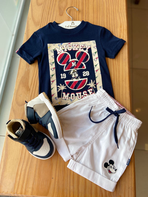 CONJUNTO CAMISETA MANGA CURTA MICKEY MOUSE E BERMUDA BORDADA MENINO YOUCCIE