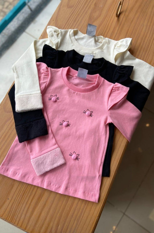 BLUSA MANGA LONGA COM BABADO GATINHA POMPOM MENINA ANGERÔ