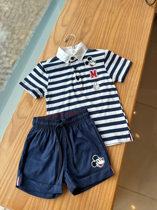 CONJUNTO CAMISA MANGA CURTA LISTRADA COM BERMUDA MICKEY BORDADO MENINO YOUCCIE