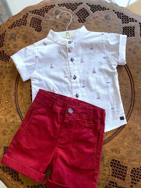 CONJUNTO CAMISA BATA MANGA CURTA E BERMUDA BARCOS MENINO ANJOS BABY