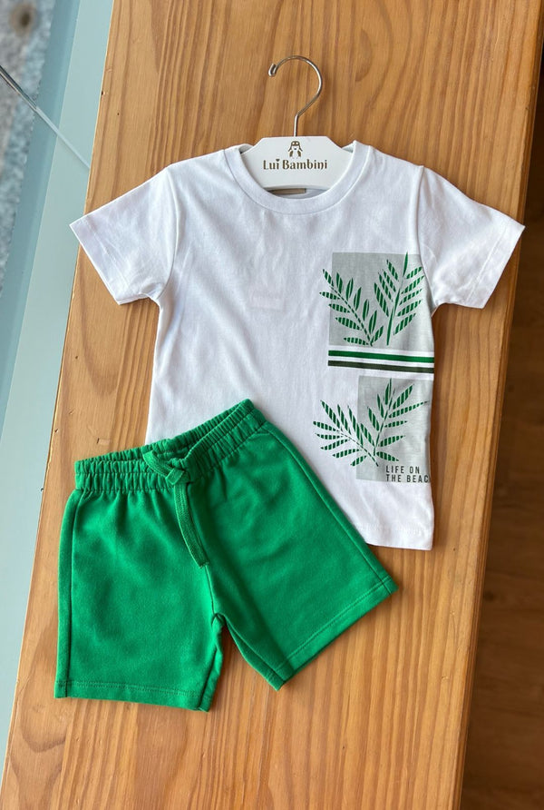 CONJUNTO CAMISETA MANGA CURTA FOLHAGEM LIFE ON THE BEACH COM BERMUDA MOLETOM E CORDÃO MENINO MILON