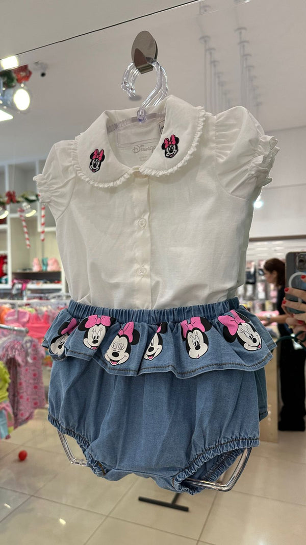 CONJUNTO BODY CAMISETE MANGA CURTA GOLA BABADOS E SHORT JEANS MINNIE BORDADA MENINA ANIME