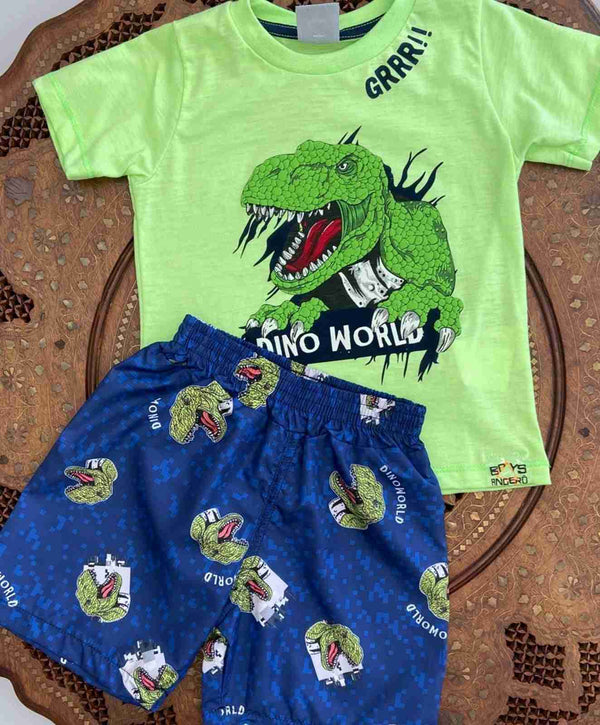 CONJUNTO CAMISETA MANGA CURTA DINOSSAURO E BERMUDA MENINO ANGERO