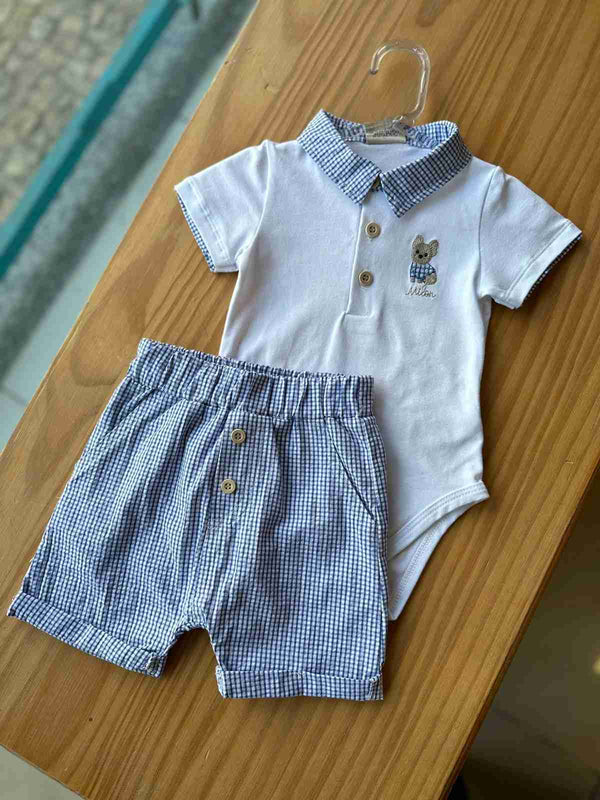 CONJUNTO BODY CAMISA MANGA CURTA XADREZ E BERMUDA CACHORRINHO BORDADO MENINO MILON