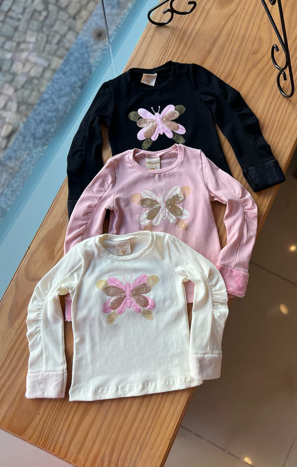 BLUSA MANGA LONGA PUNHO PLUSH BORBOLETA PAETES E GLITTER MENINA ANGERÔ