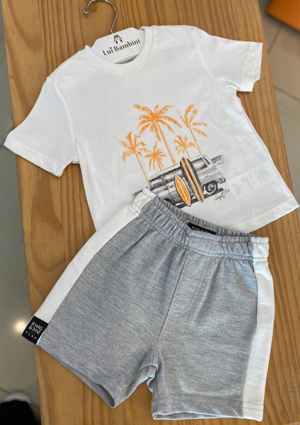 CONJUNTO CAMISETA MANGA CURTA E BERMUDA PRAIA COQUEIROS E MOTORHOME MENINO KING&JOE