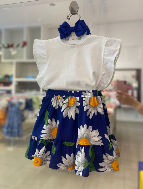 CONJUNTO BLUSA MANGA CURTA EVASÊ COM BABADOS E SAIA FLORAL MENINA MOMI