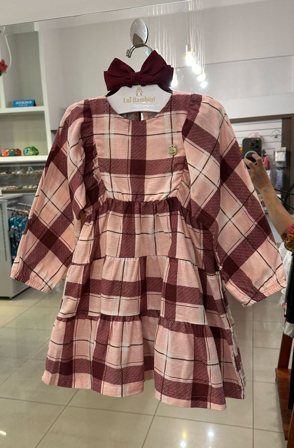 VESTIDO MANGA LONGA XADREZ QUADRICULADO FLANELADO COM PINGENTE MENINA ANGERÔ