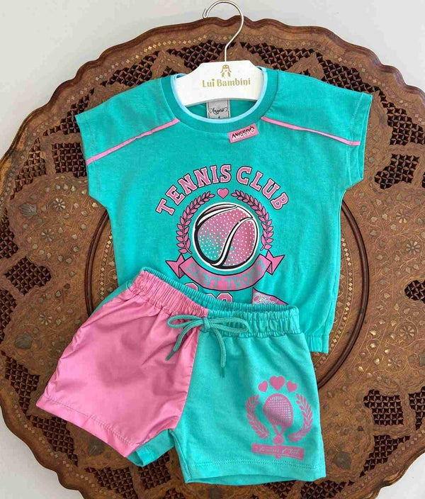 CONJUNTO BLUSA MANGA CURTA E SHORT TENIS CLUB STRASS MENINA ANGERO