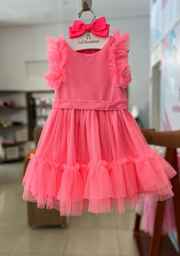 VESTIDO MANGA CURTA EM TULE COM CINTO FIXO E BABADOS MENINA MON SUCRE