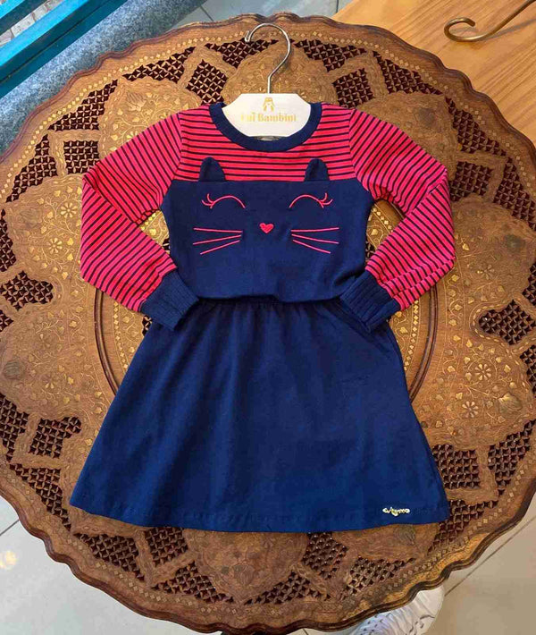 VESTIDO MANGA LONGA LISTRADO GATINHA BORDADA MENINA ANGERO