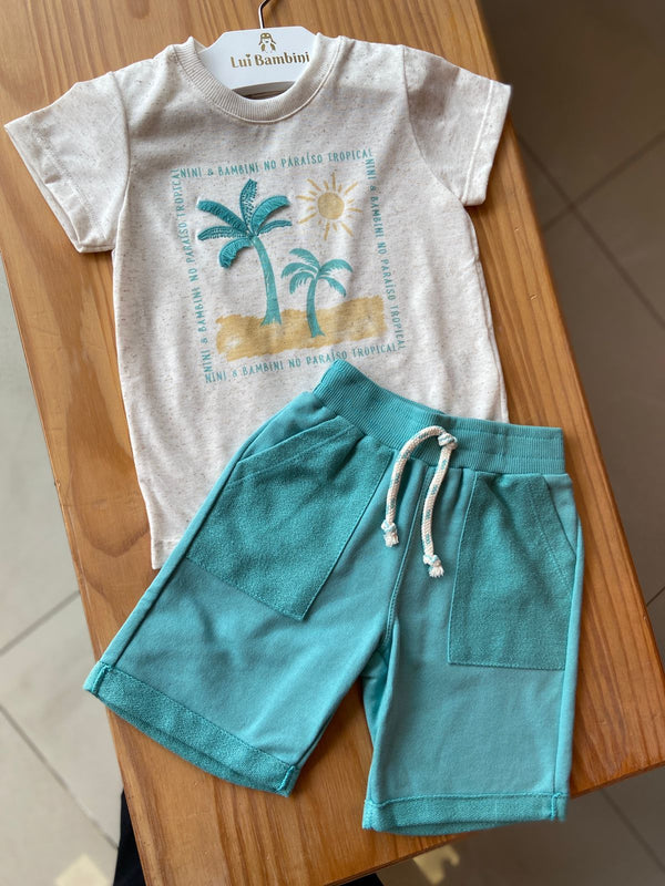 CONJUNTO CAMISETA MANGA CURTA COQUEIROS SOL E PRAIA E BERMUDA MENINO NINI E BAMBINI