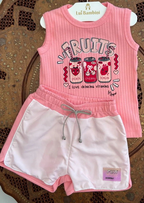 CONJUNTO BLUSA MANGA CURTA CANELADA E SHORT FRUITS STRASS MENINA ANGERO