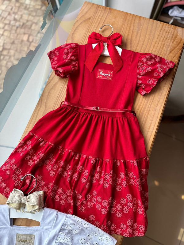 VESTIDO MANGA CURTA COM LAISE FLORAL E CINTO EM TIRA METALIZADO MENINA ANGERO