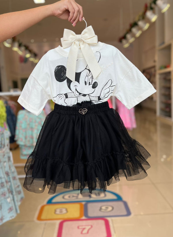 CONJUNTO BLUSA MANGA CURTA MINNIE BAILARINA COM STRASS E SAIA EM TULE MENINA ANIMÊ