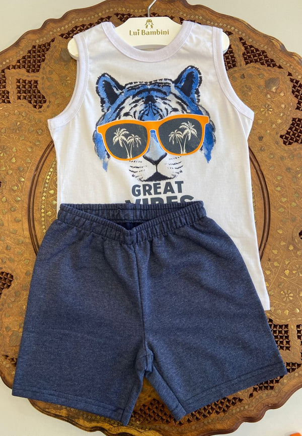 CONJUNTO CAMISETA REGATA E BERMUDA GATO OCULOS MENINO ALAKAZOO