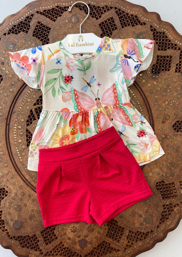 CONJUNTO BLUSA MANGA CURTA E SHORT BORBOLETA FLORAL MENINA ALAKAZOO