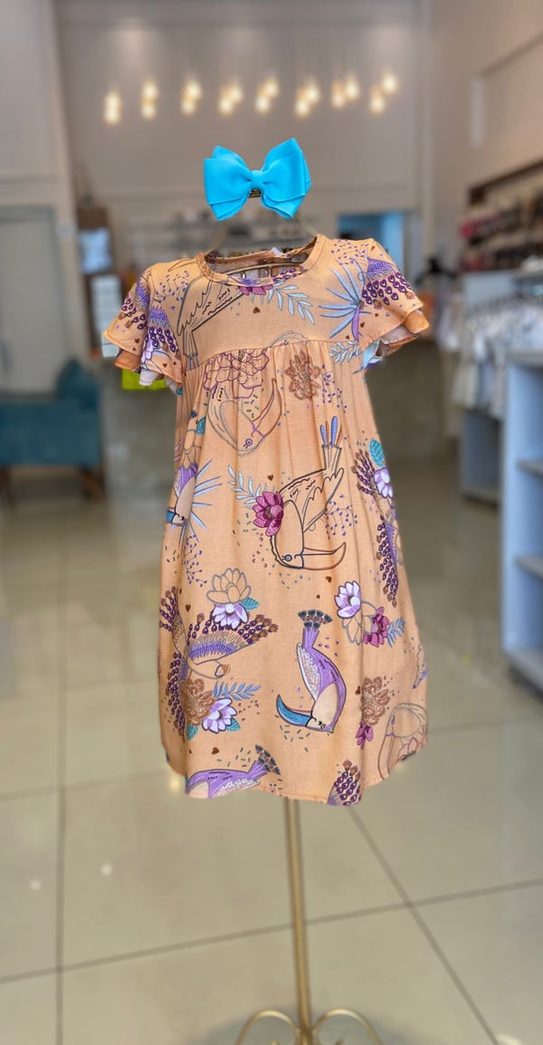 VESTIDO MANGA CURTA COM BABADO PASSAROS E FLORES MENINA ALAKAZOO